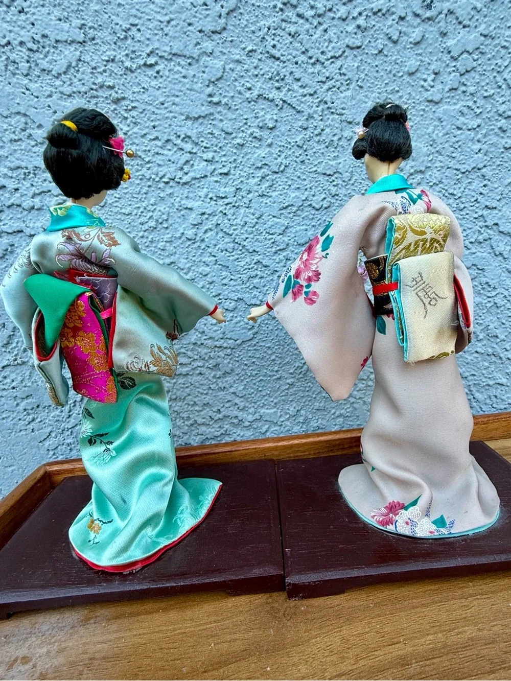 Vintage Japanese Geisha Kimono Dolls Lot of 2 Wooden Base 10